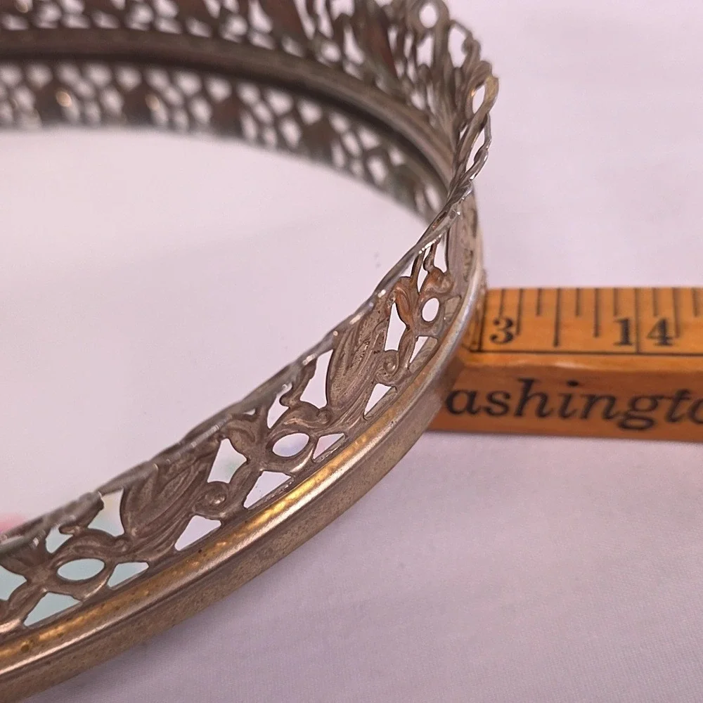 Vintage Vanity Tray Gold Oval Mirrored Filigree Ornate Hollywood Regency
